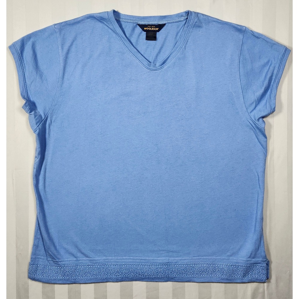 Woolrich Womens V-Neck Shirt XL BlueSky 100% Cotton Short Sleeve Embroidered